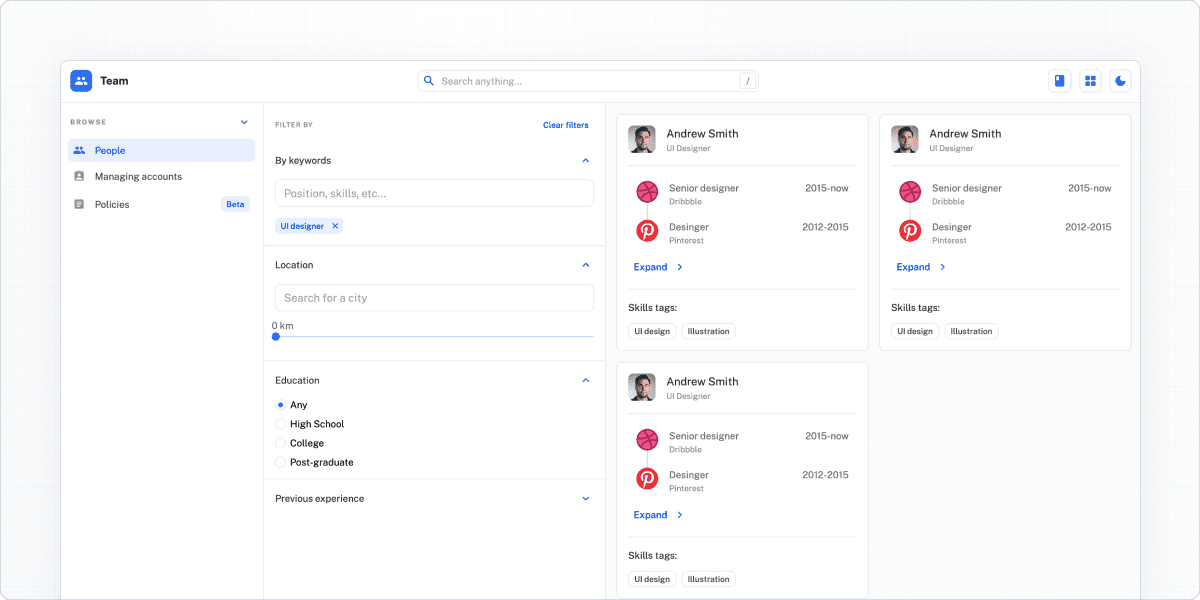 Screenshot of a team management application mockup built with Joy UI